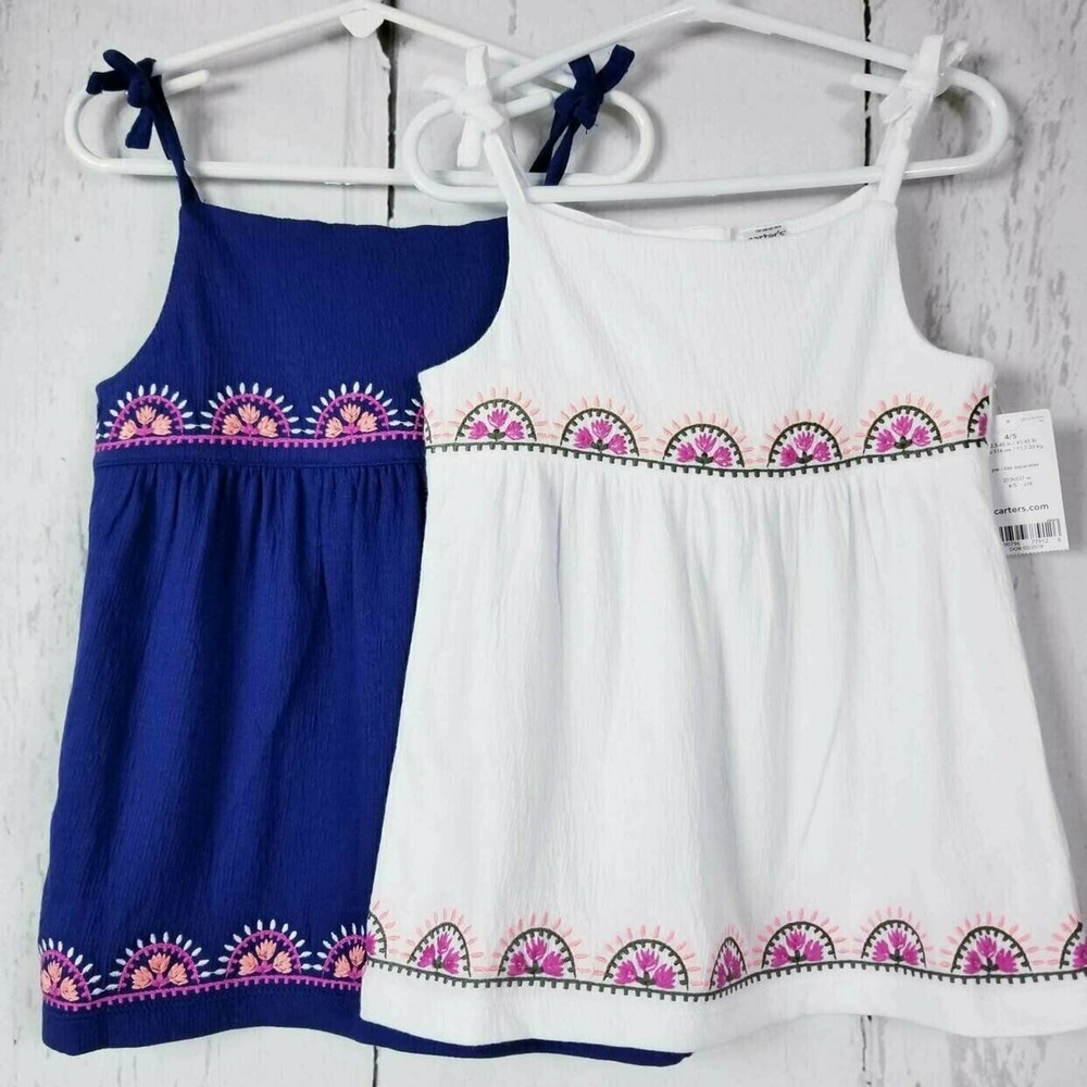 Carters Girls Top Bundle Size 4-5 Sleeveless Tank Embroidered White Blue Pink